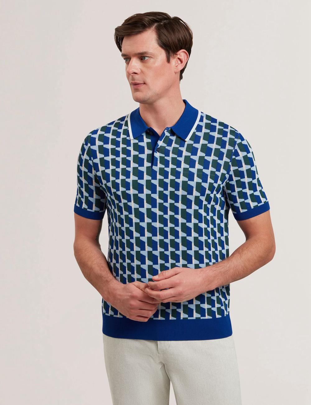Men Ted Baker ROSSIO - Geometric Knitted Short Sleeve Polos Shirts Lt-Navy | QMYJ54763