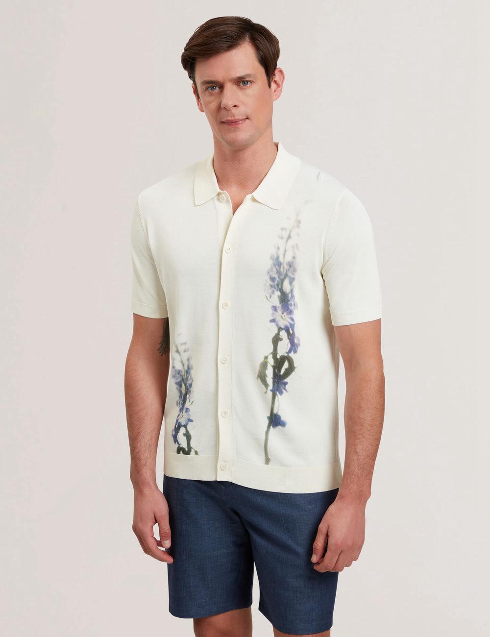 Men Ted Baker RUITS - Short Sleeve Floral Placement Polos Shirts Ecru | MQOF26179