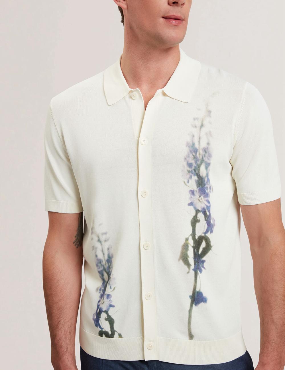 Men Ted Baker RUITS - Short Sleeve Floral Placement Polos Shirts Ecru | MQOF26179