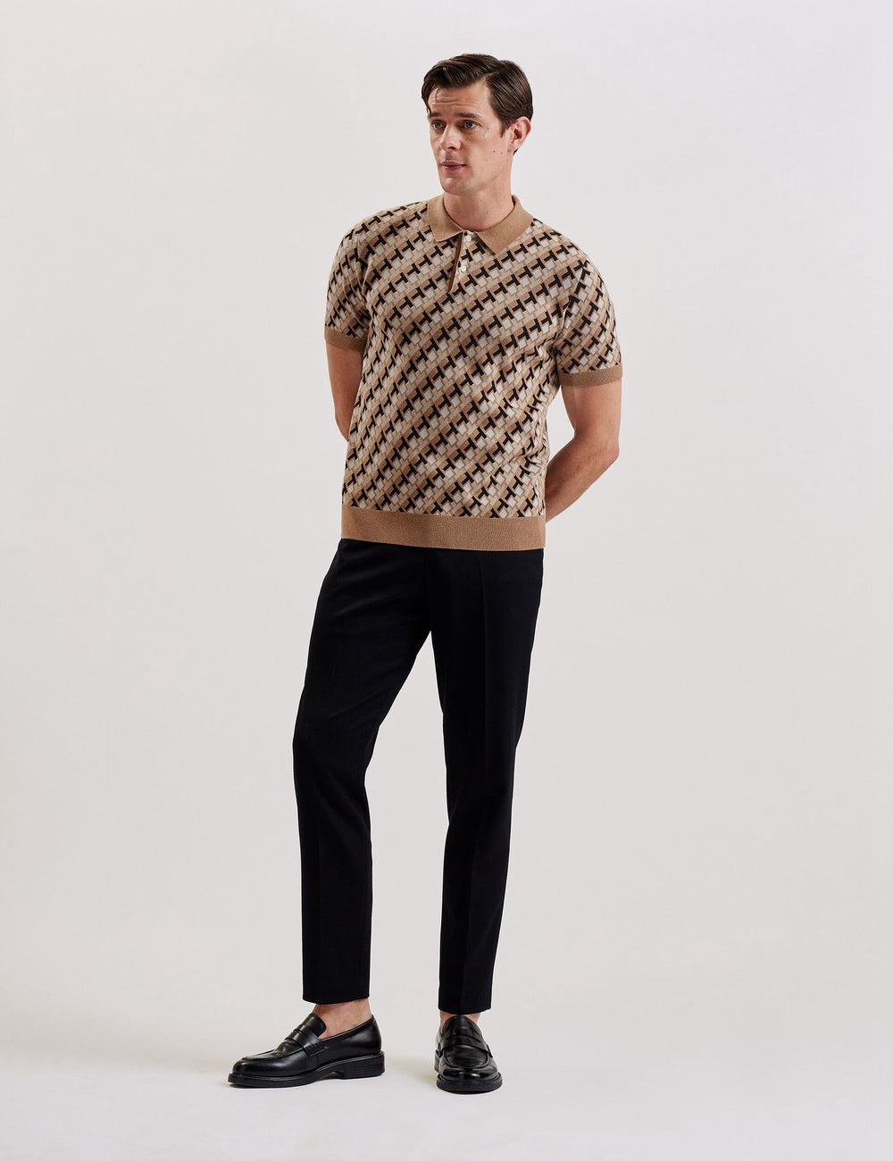Men Ted Baker SEFERRY - Interlocking T Jacquard Knitted Polos Shirts Brown | QZDY54126