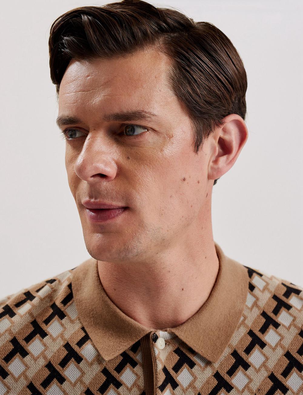 Men Ted Baker SEFERRY - Interlocking T Jacquard Knitted Polos Shirts Brown | QZDY54126