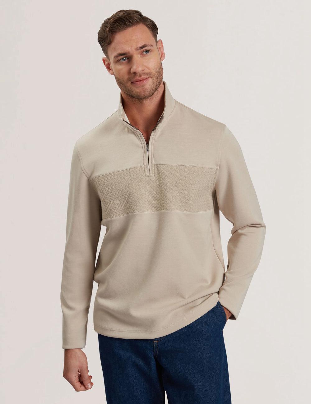 Men Ted Baker SIMONEA - Textured Panel Half-Zip Modal Sweatshirts Taupe | XHGB42365