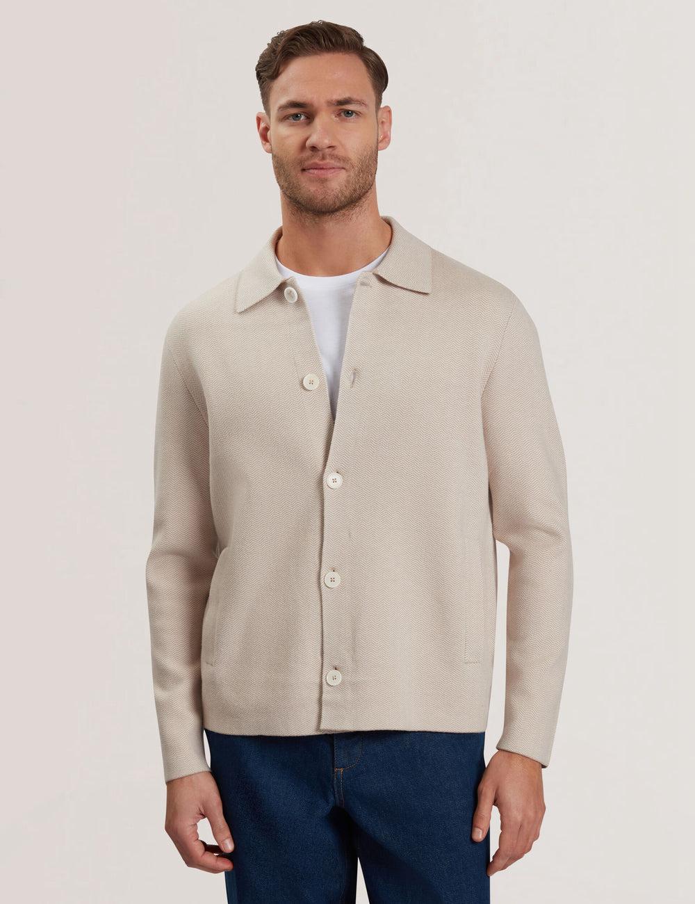 Men Ted Baker THIMON - Herringbone Knit Button-Up Jackets Taupe | OFYG15742