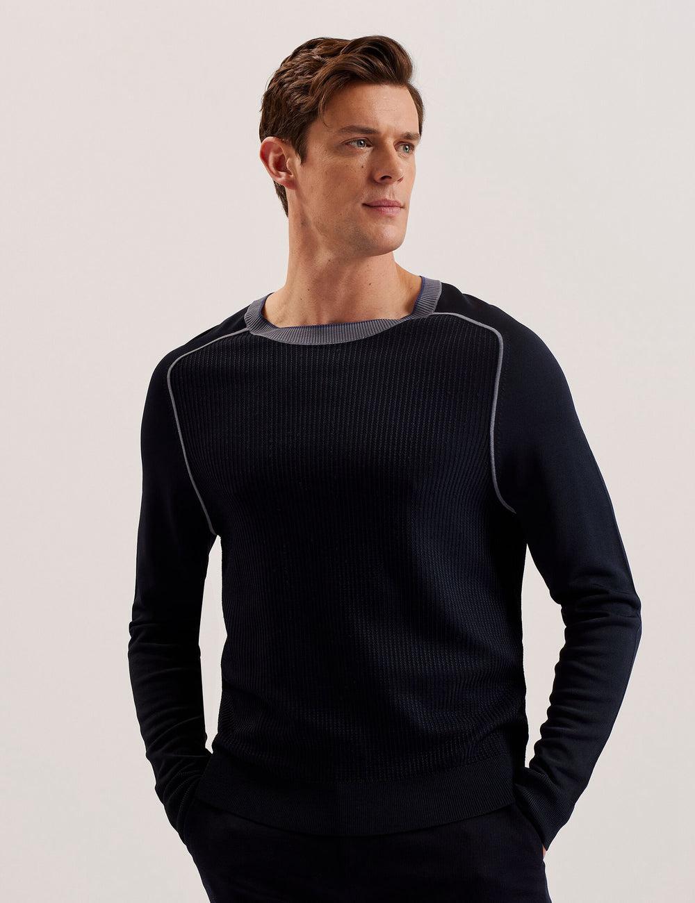 Men Ted Baker TOREZ - Long Sleeve Textured Knit Top Jumpers Navy | MYSJ09864