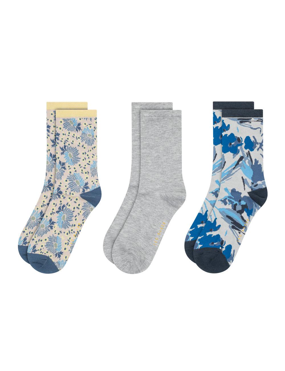 Women Ted Baker 3 Pack Mixed Floral Rayon Crew Socks Blue | LOIN63098