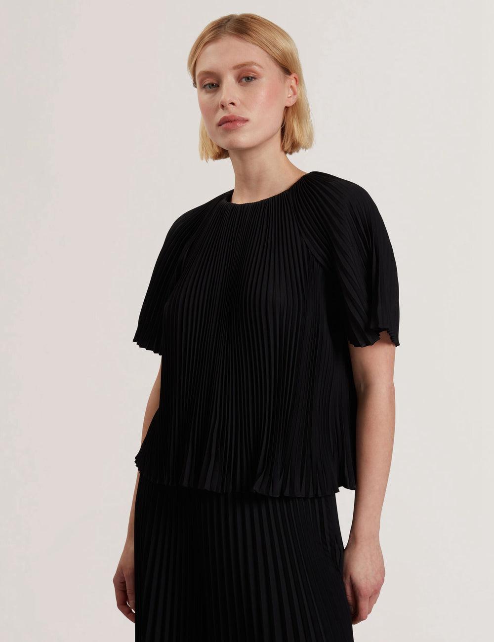 Women Ted Baker AGARA - Pleated Short Sleeve Woven Blouses Black | FCGQ69710