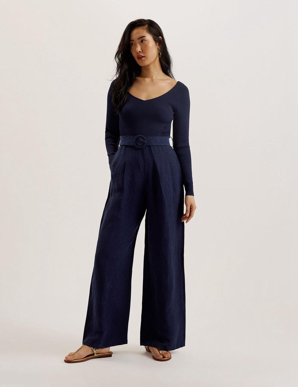 Women Ted Baker AGATEA - Off Shoulder Belted Wide Leg Jumpsuits Navy | EYTJ63402