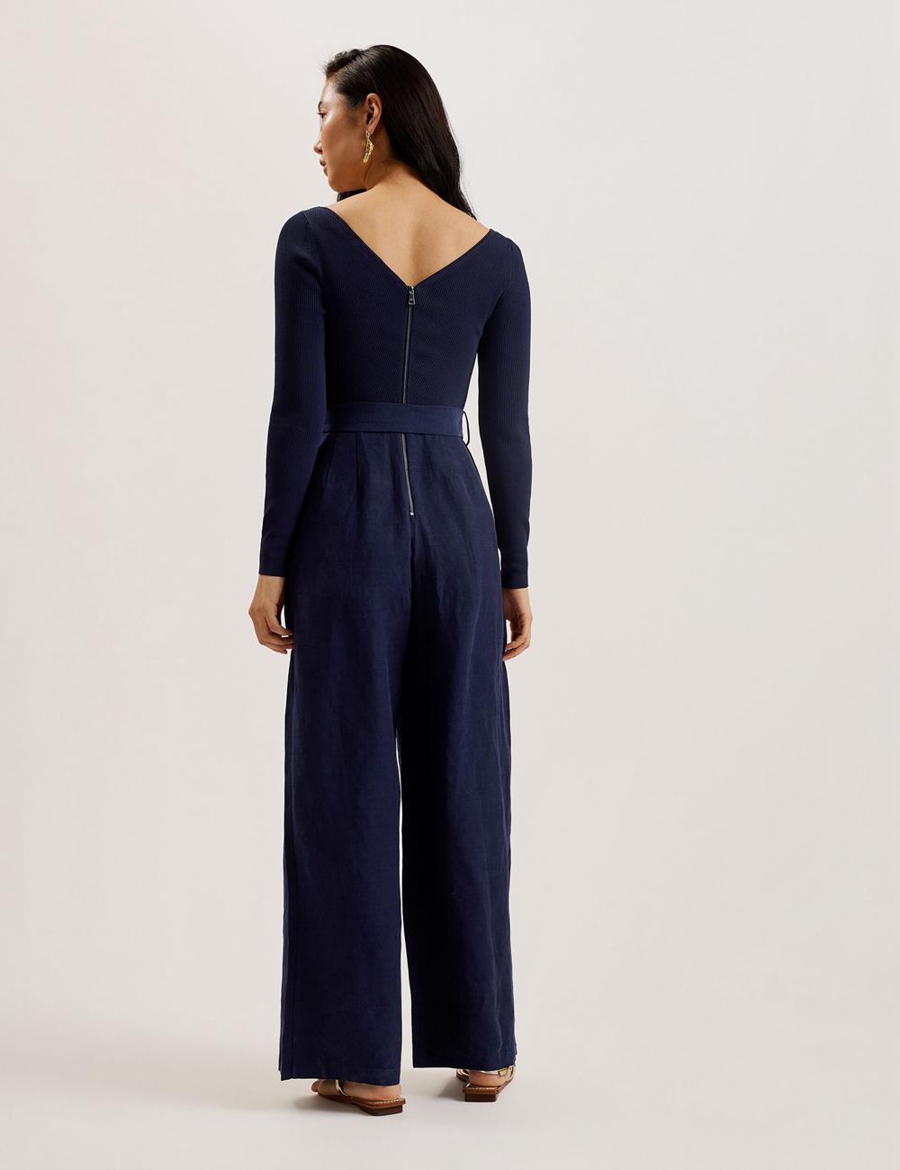 Women Ted Baker AGATEA - Off Shoulder Belted Wide Leg Jumpsuits Navy | EYTJ63402