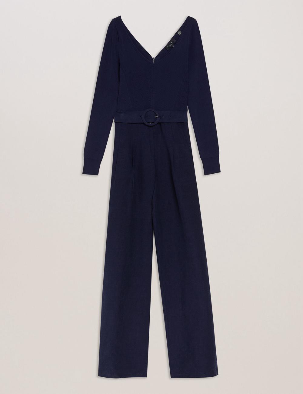Women Ted Baker AGATEA - Off Shoulder Belted Wide Leg Jumpsuits Navy | EYTJ63402
