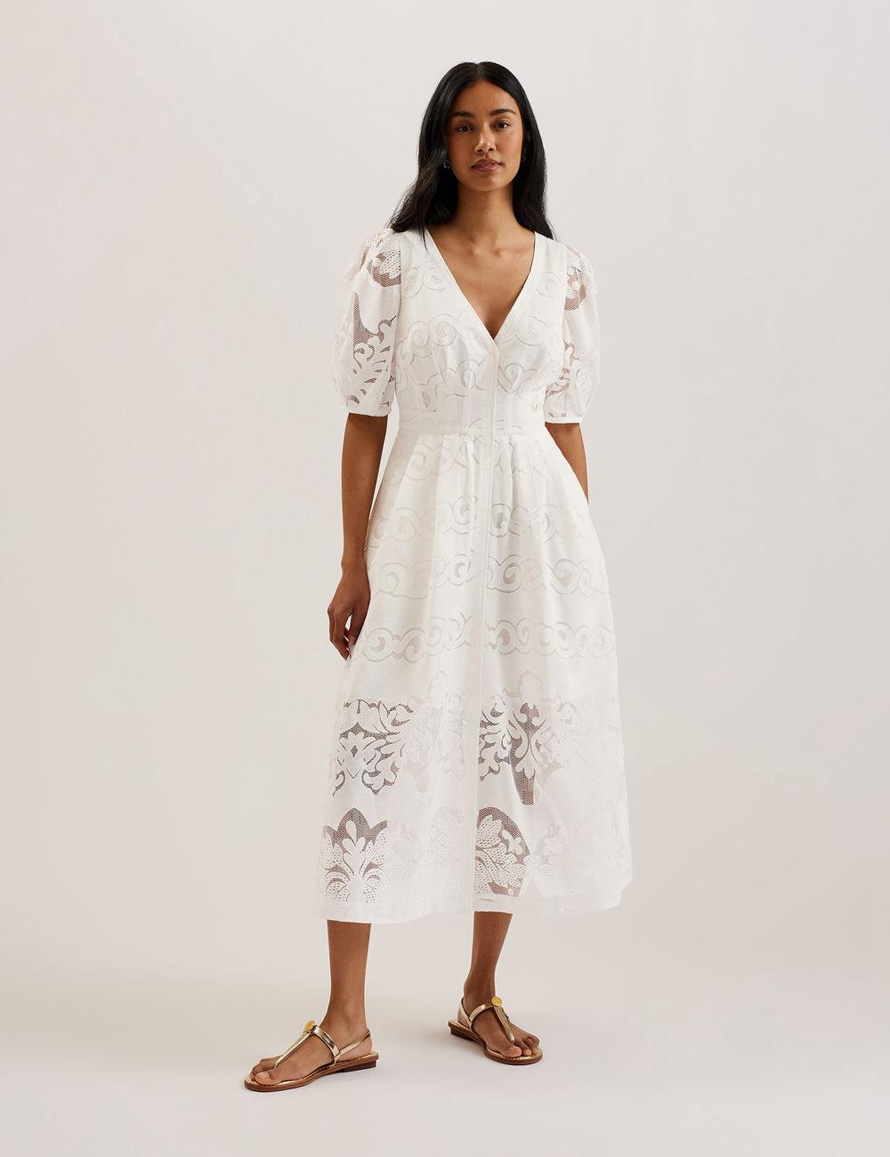 Women Ted Baker AGNEL - Lace Puff Sleeve Cotton Blend Midi Dresses White | WMGL41539