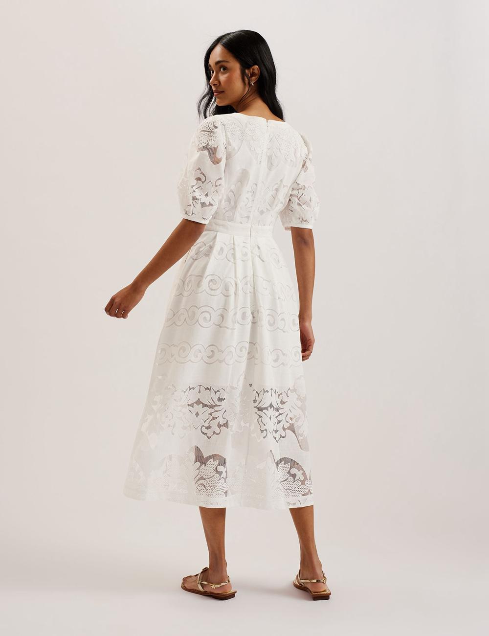 Women Ted Baker AGNEL - Lace Puff Sleeve Cotton Blend Midi Dresses White | WMGL41539