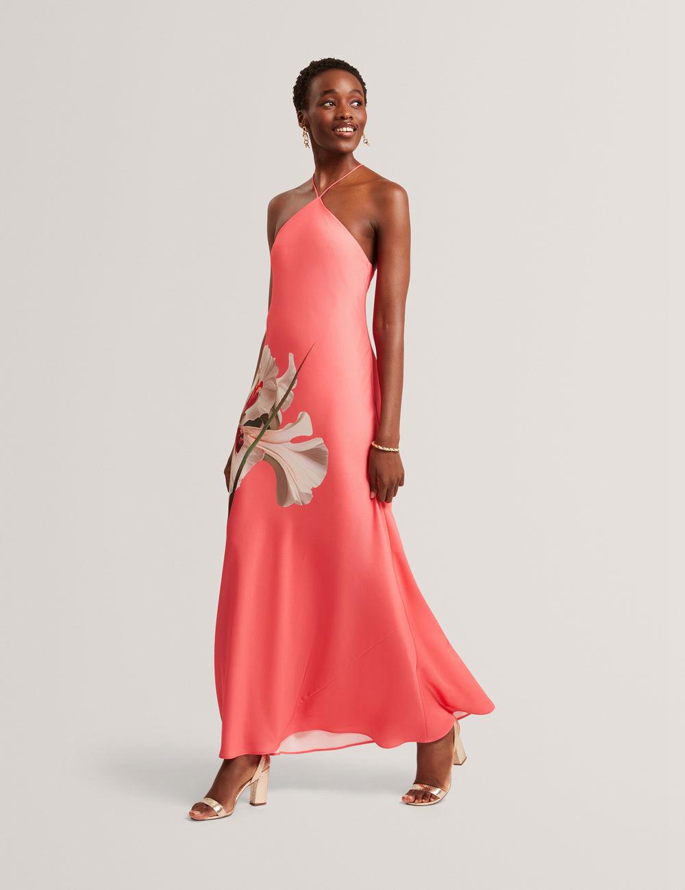 Women Ted Baker AJIMA - Floral Graphic Halter Neck Satin Maxi Dresses Coral | EKZW31657