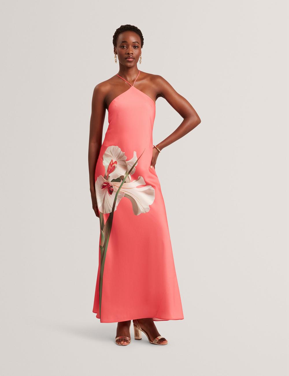 Women Ted Baker AJIMA - Floral Graphic Halter Neck Satin Maxi Dresses Coral | EKZW31657