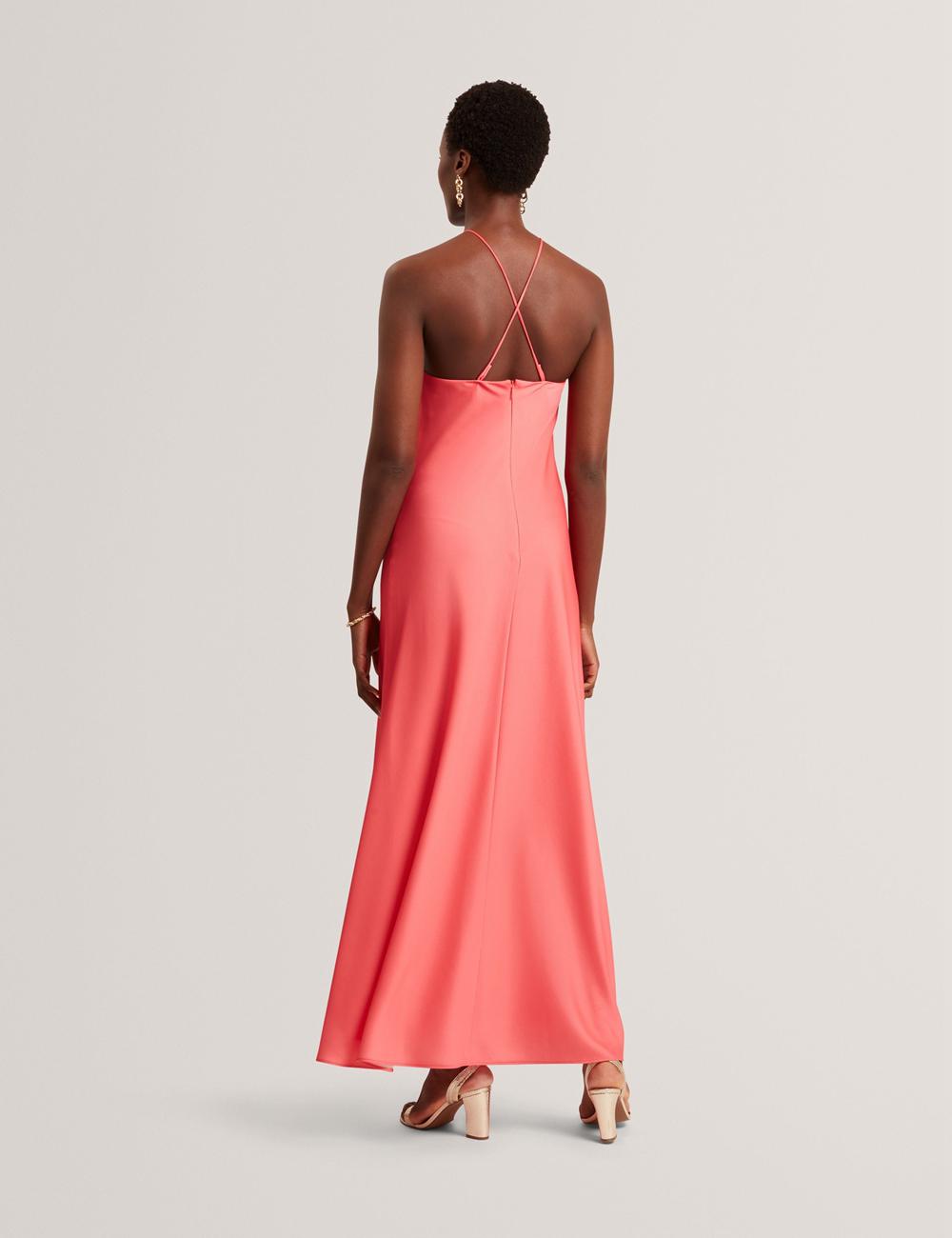 Women Ted Baker AJIMA - Floral Graphic Halter Neck Satin Maxi Dresses Coral | EKZW31657