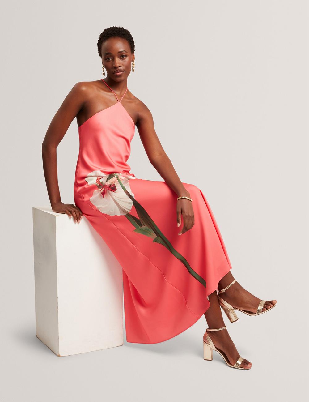 Women Ted Baker AJIMA - Floral Graphic Halter Neck Satin Maxi Dresses Coral | EKZW31657