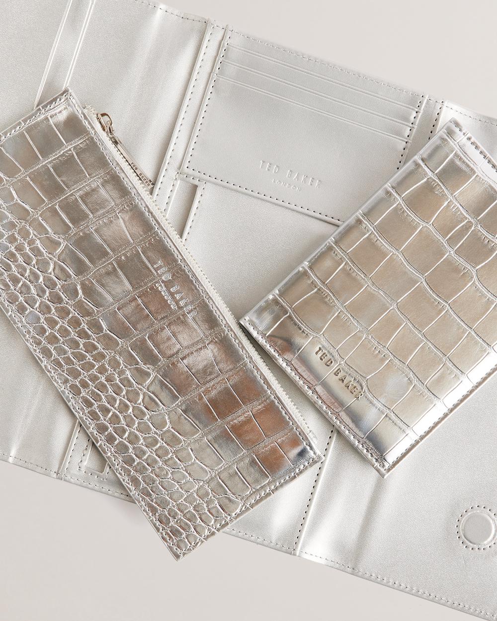 Women Ted Baker ALETHAI - Croc Effect Travel Organiser Wallets Silver | OIGN49065