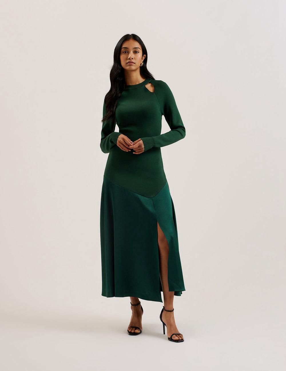 Women Ted Baker ALFEIOS - Long Sleeve Satin Skirt Midi Dresses Dk-Green | CQYV81920