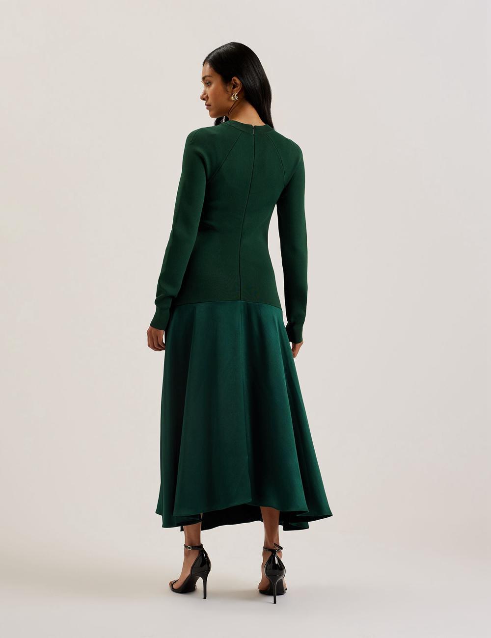 Women Ted Baker ALFEIOS - Long Sleeve Satin Skirt Midi Dresses Dk-Green | CQYV81920