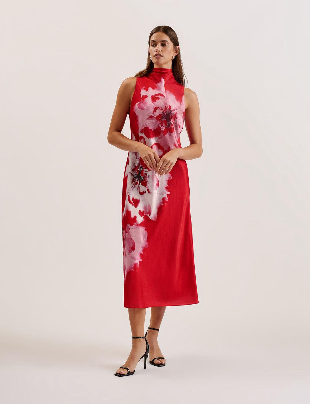 Women Ted Baker ALIARA - Floral Satin High Neck Sleeveless Midi Dresses Red | AQBP18402
