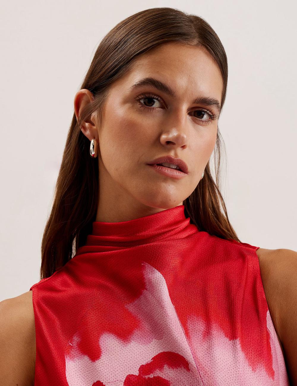 Women Ted Baker ALIARA - Floral Satin High Neck Sleeveless Midi Dresses Red | AQBP18402