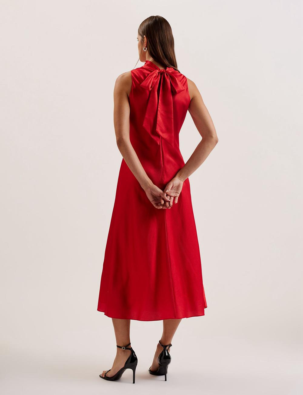 Women Ted Baker ALIARA - Floral Satin High Neck Sleeveless Midi Dresses Red | AQBP18402