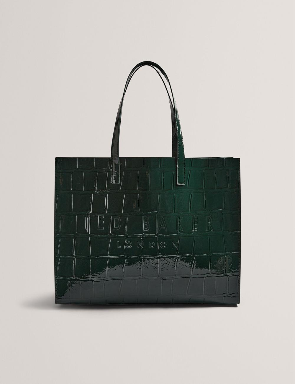 Women Ted Baker ALLICON - Patent Croc Effect Wide Tote Bags Mid-Green | AIVF29873
