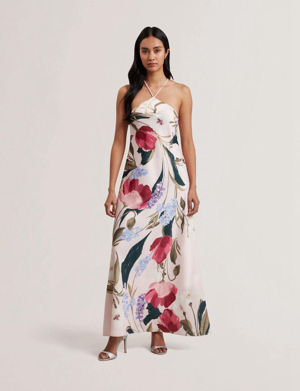 Women Ted Baker ALMARIA - Floral Halter Neck Woven Maxi Dresses Pink | QYVG97840