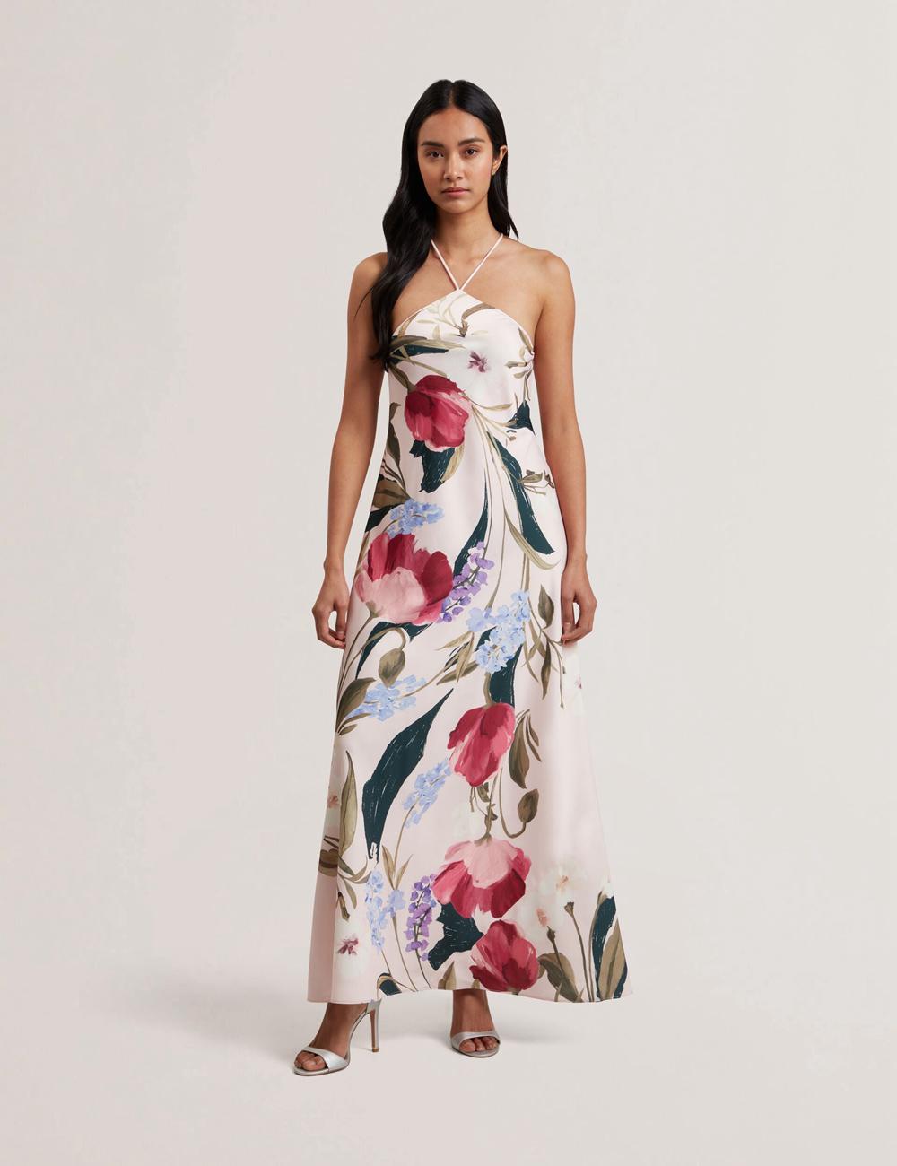 Women Ted Baker ALMARIA - Floral Halter Neck Woven Maxi Dresses Pink | QYVG97840