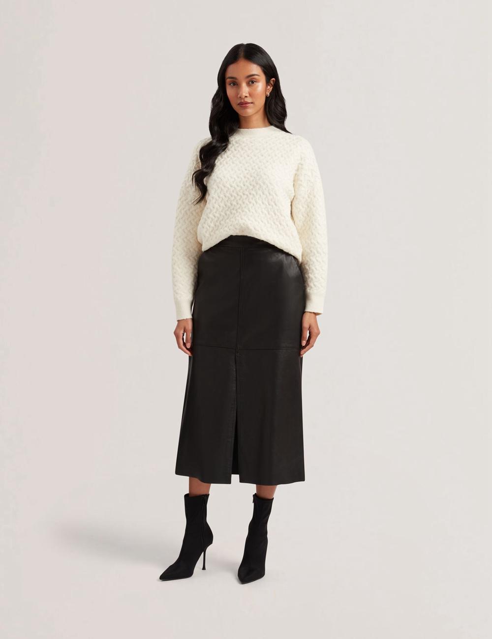Women Ted Baker AOTO - Leather Pencil With Seam Detail Midi Skirts Black | DCMQ40713