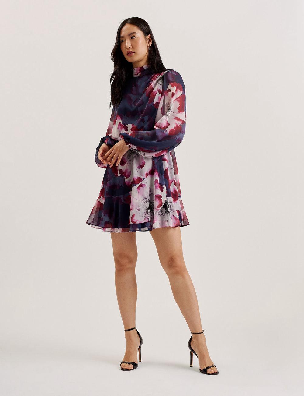 Women Ted Baker ARACELY - Floral High Neck Long Sleeve Mini Dresses Navy | AYNX41785