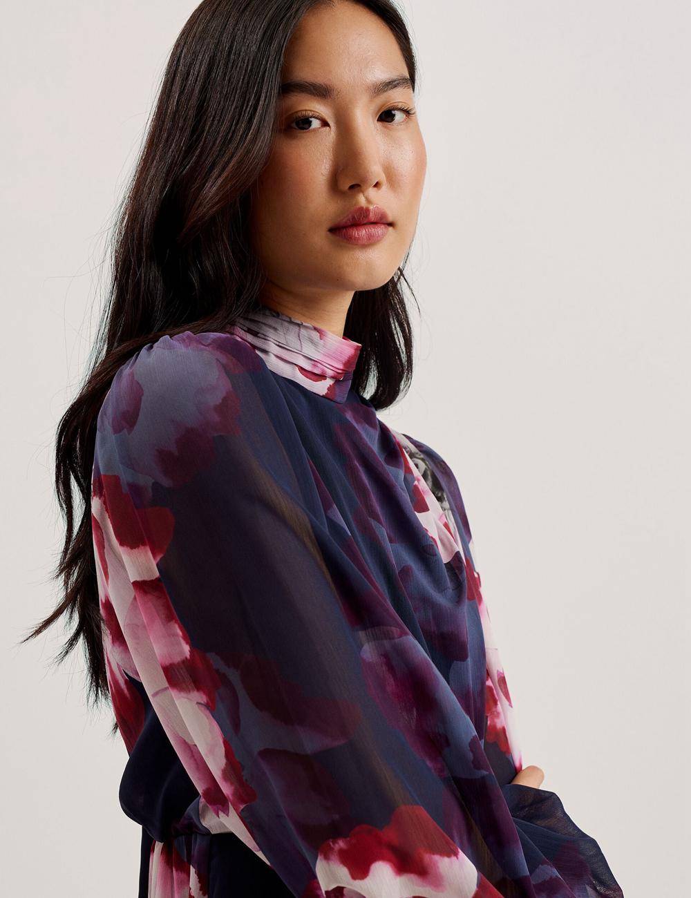 Women Ted Baker ARACELY - Floral High Neck Long Sleeve Mini Dresses Navy | AYNX41785
