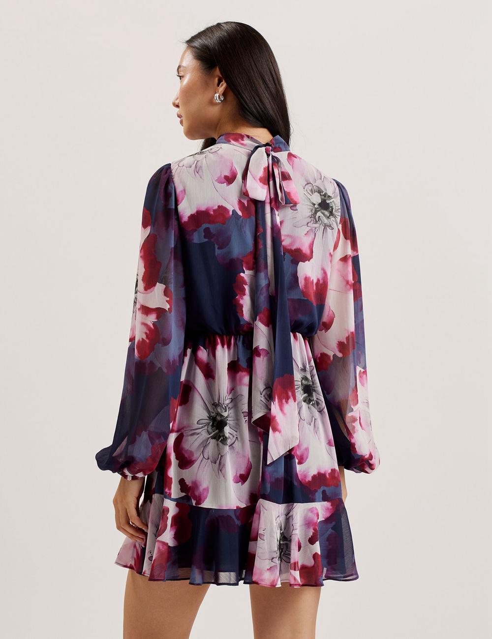 Women Ted Baker ARACELY - Floral High Neck Long Sleeve Mini Dresses Navy | AYNX41785