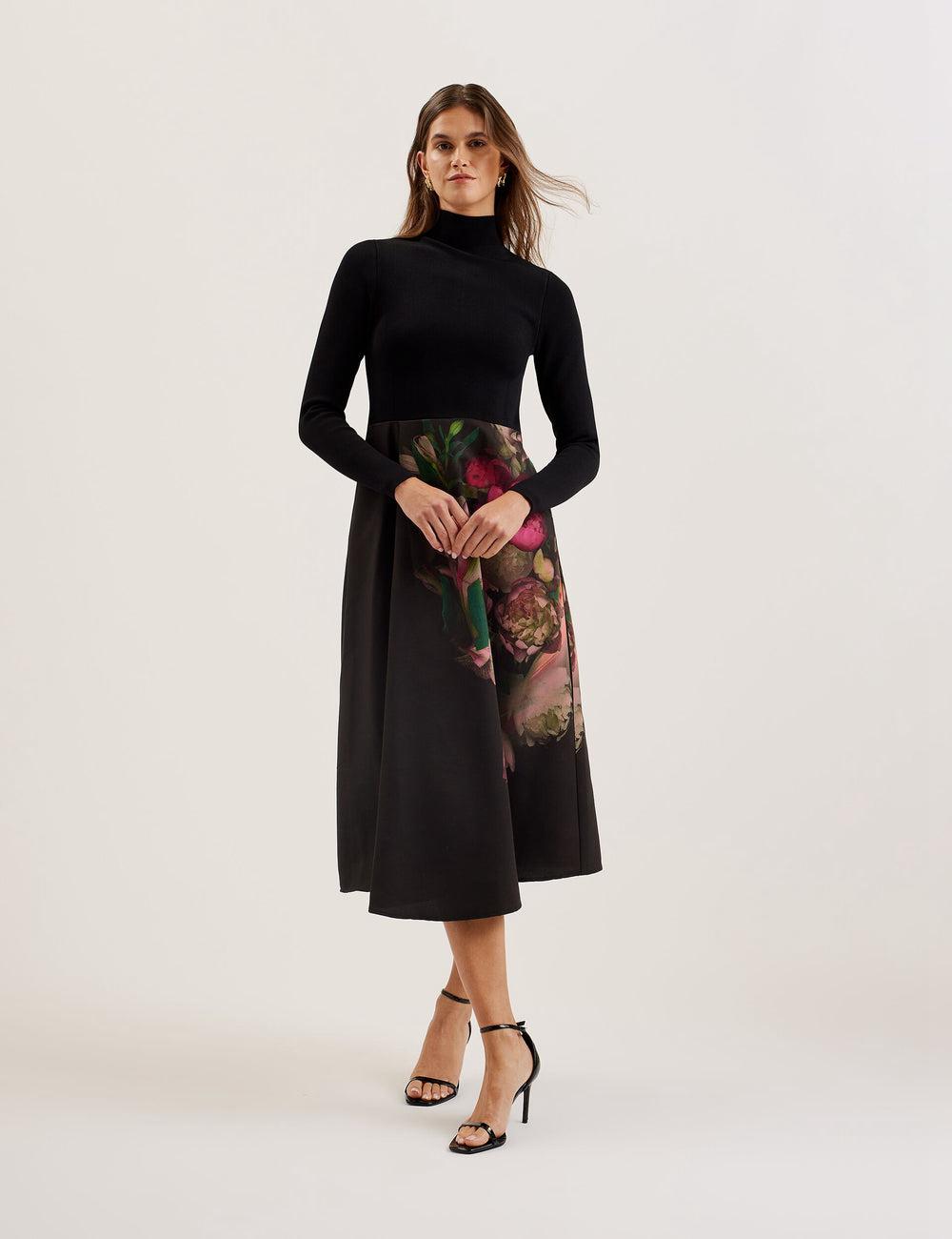 Women Ted Baker ASNES - Knit Bodice With Printed Skirt Midi Dresses Black | YHTU65982