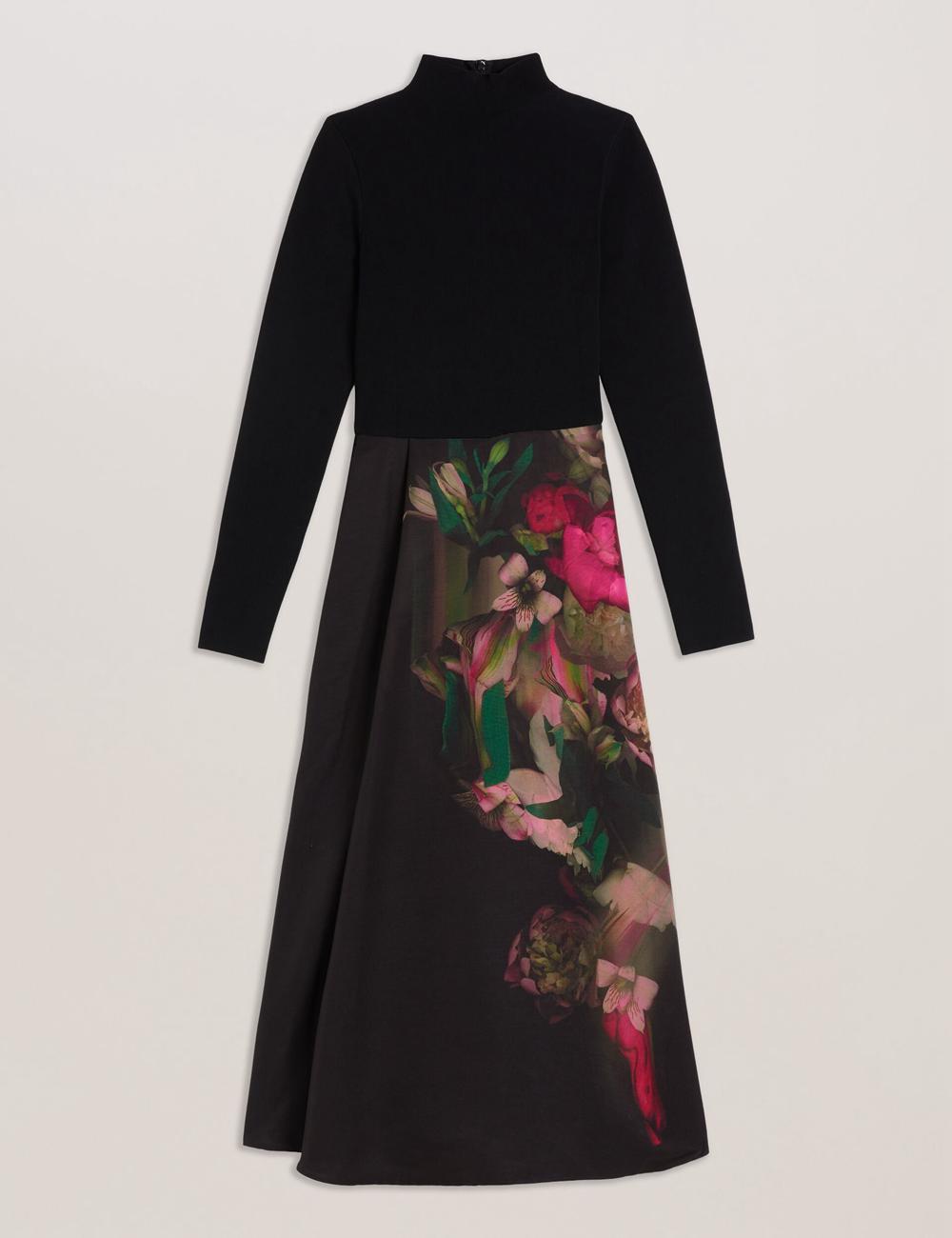 Women Ted Baker ASNES - Knit Bodice With Printed Skirt Midi Dresses Black | YHTU65982