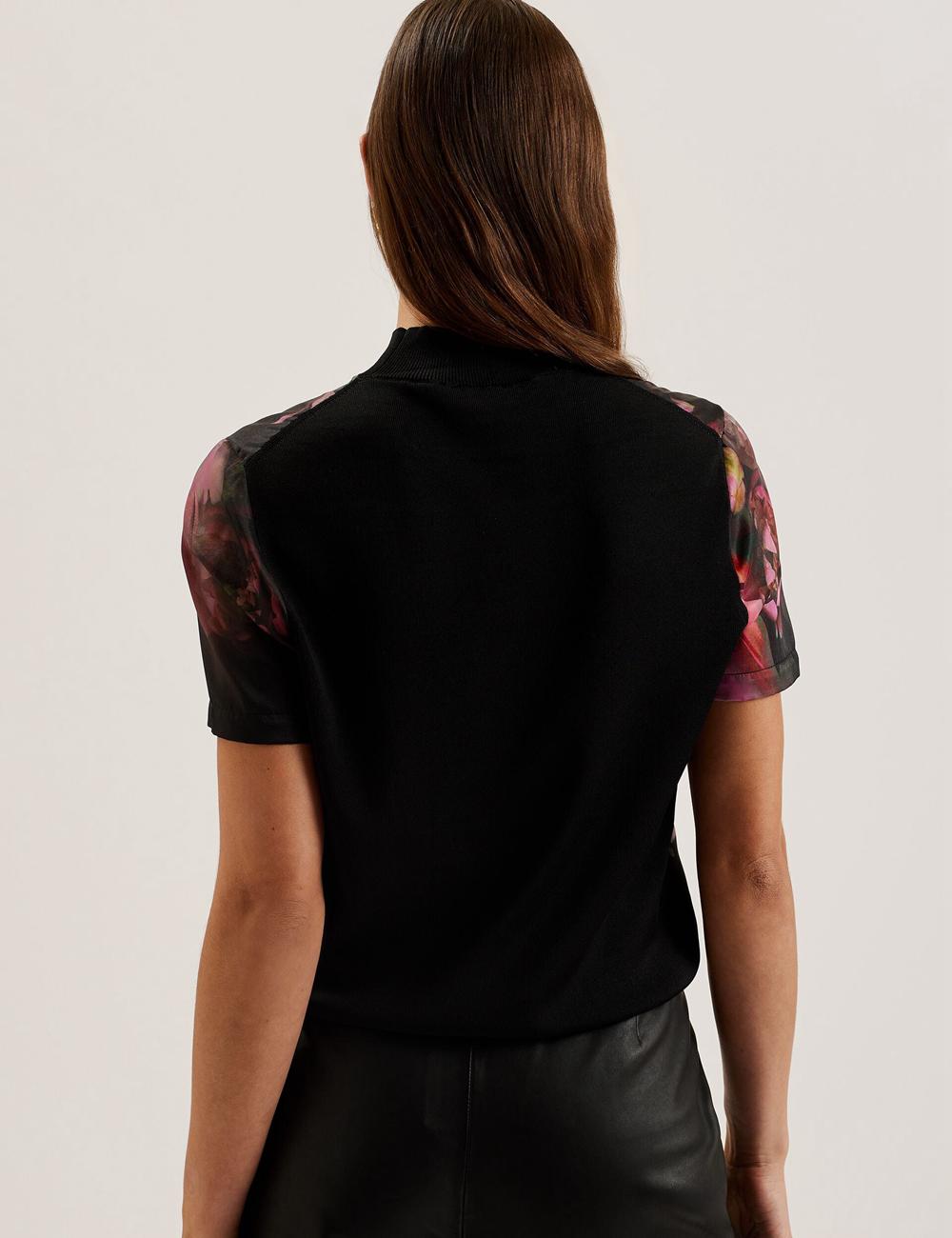 Women Ted Baker ASTHAA - Floral Woven Front Short Sleeve Top Blouses Black | DITX93760