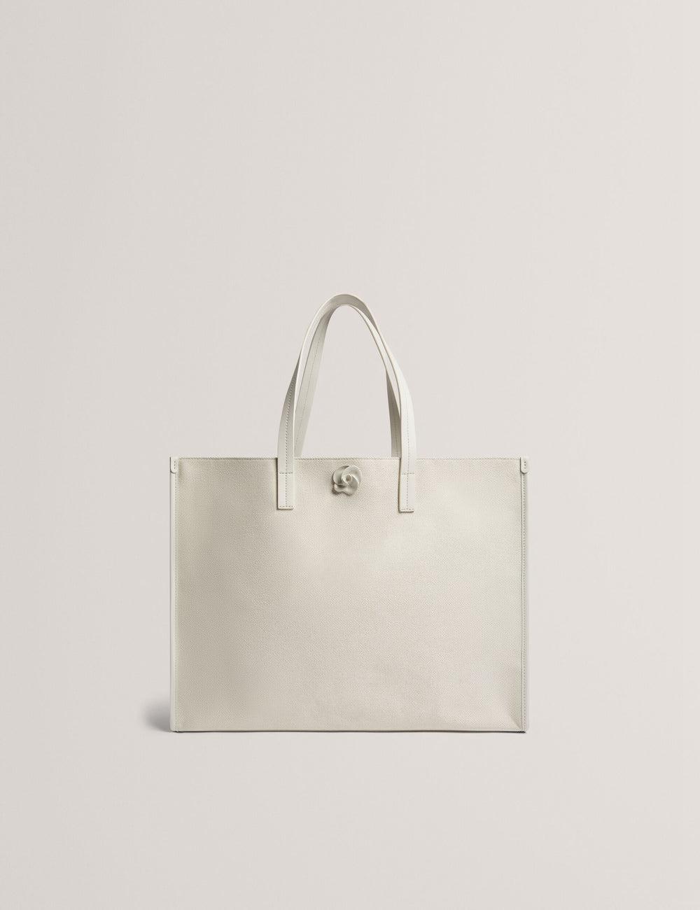 Women Ted Baker AUDOS - Rose Detail Wide Canvas Tote Bags Ecru | YGHM35680
