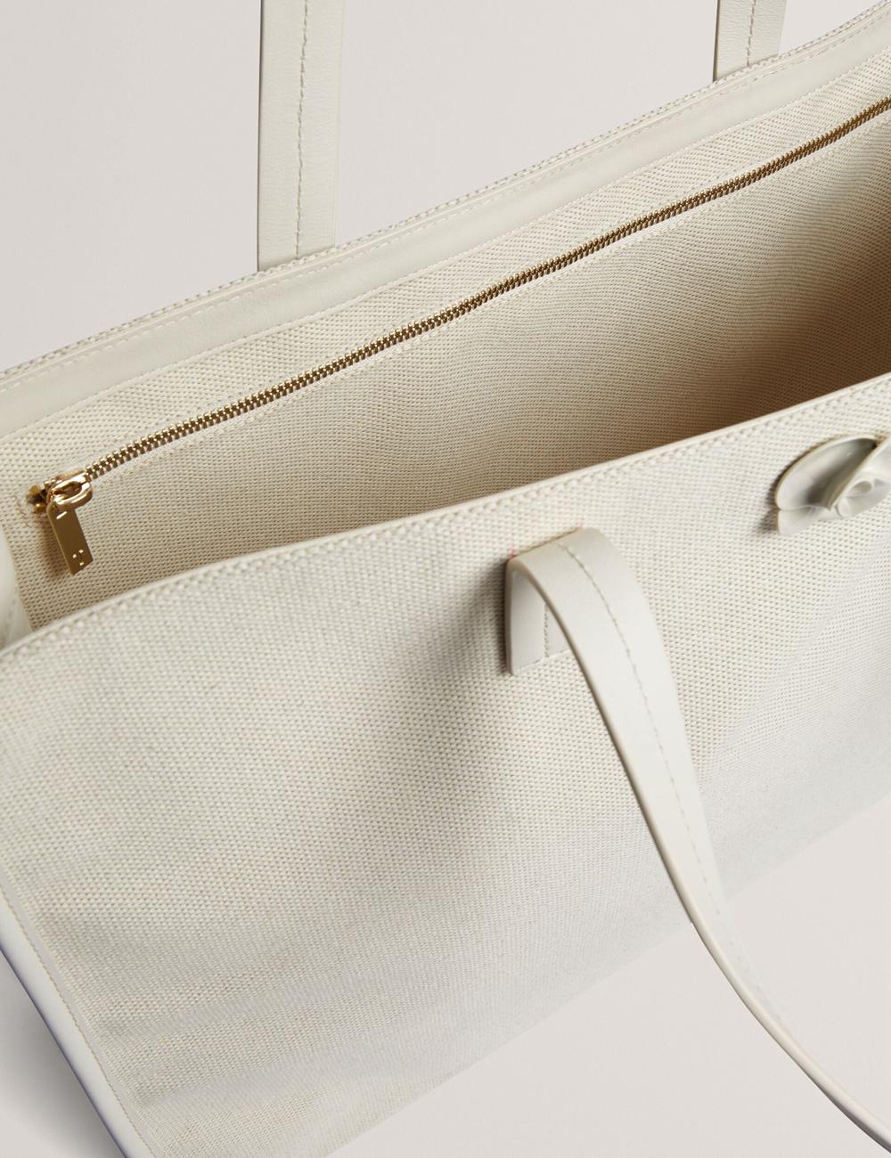 Women Ted Baker AUDOS - Rose Detail Wide Canvas Tote Bags Ecru | YGHM35680