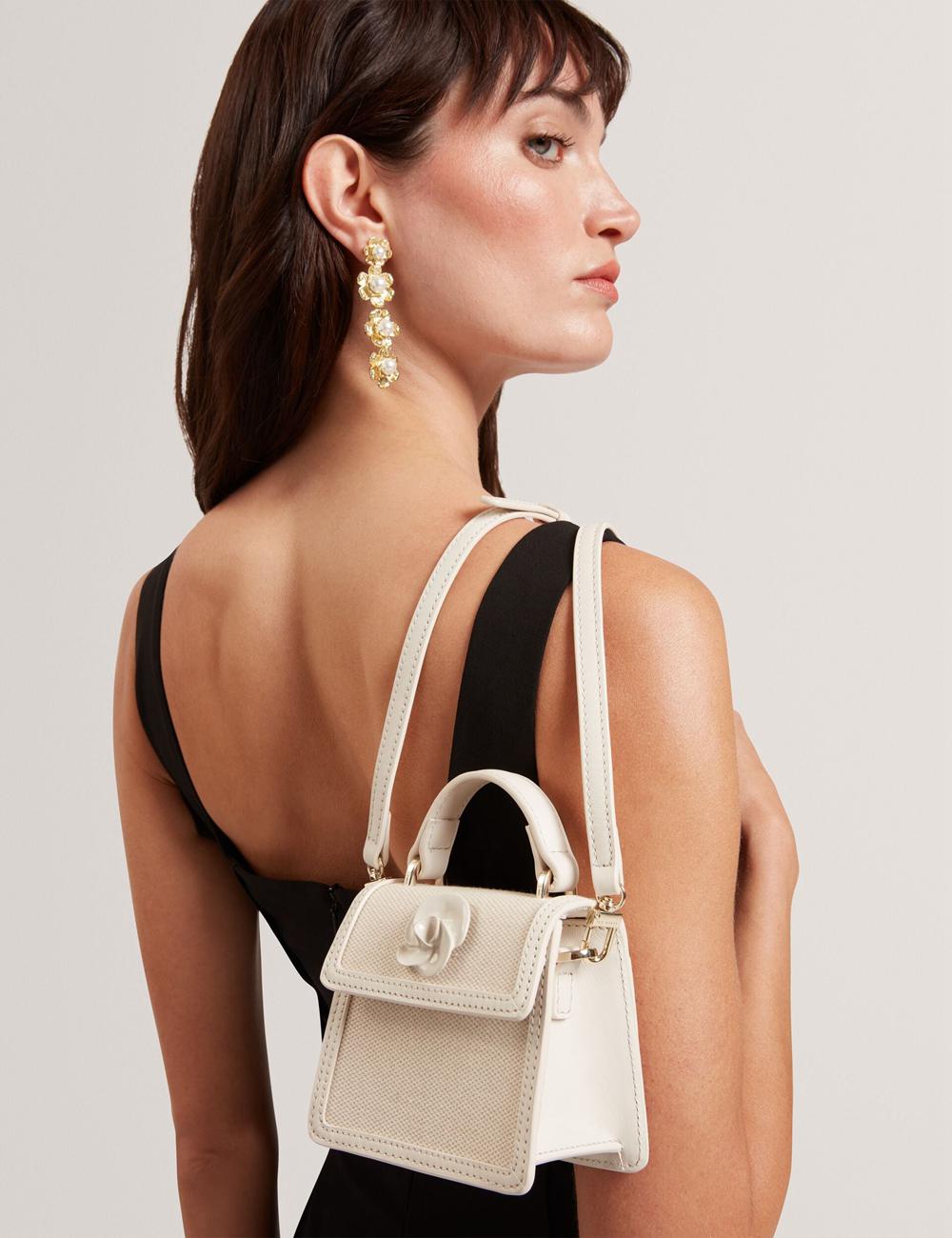 Women Ted Baker AUDOU - Rose Detail Canvas Mini Top Handle Crossbody Bags Ecru | QDFX85947