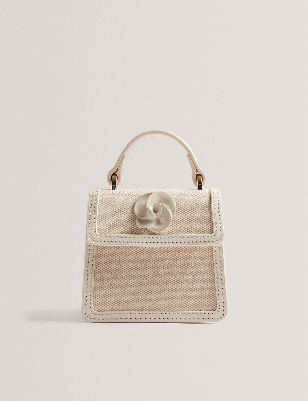 Women Ted Baker AUDOU - Rose Detail Canvas Mini Top Handle Crossbody Bags Ecru | QDFX85947