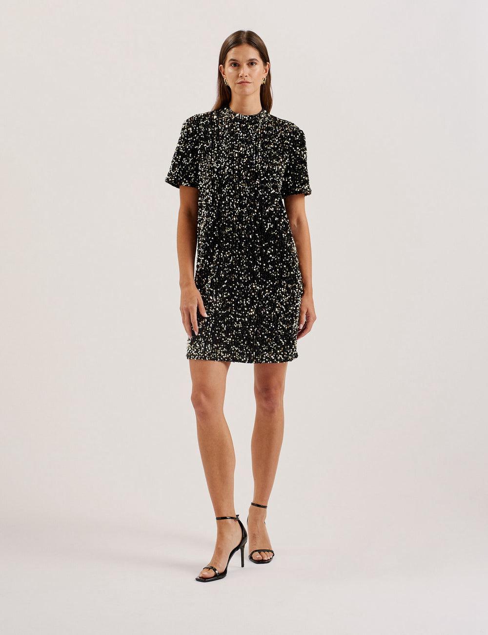 Women Ted Baker AUDRIYY - Sequin Embellished Velvet Shift Mini Dresses Black | DAYH97153