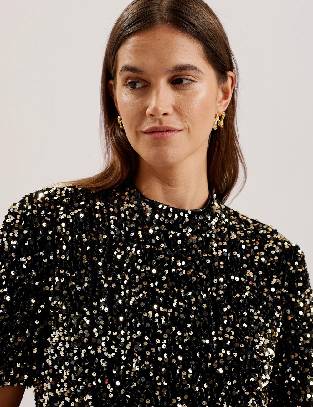 Women Ted Baker AUDRIYY - Sequin Embellished Velvet Shift Mini Dresses Black | DAYH97153