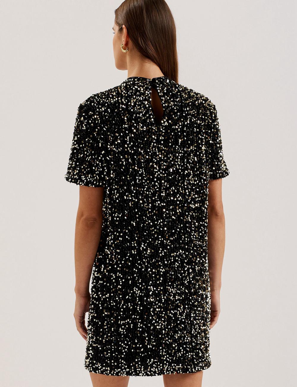 Women Ted Baker AUDRIYY - Sequin Embellished Velvet Shift Mini Dresses Black | DAYH97153
