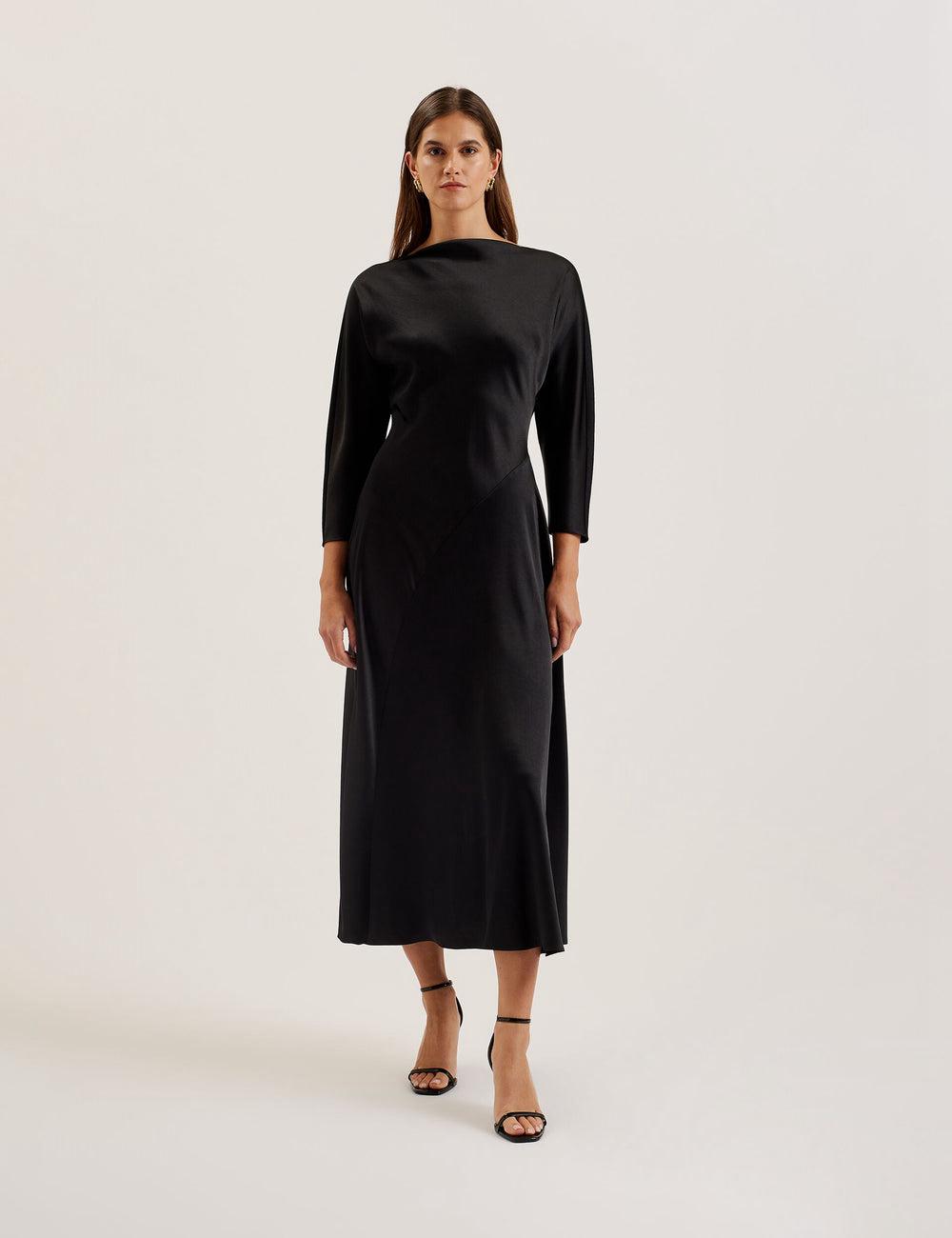 Women Ted Baker AVELLI - Satin Boat Neck A-Line Midi Dresses Black | RPBW83104