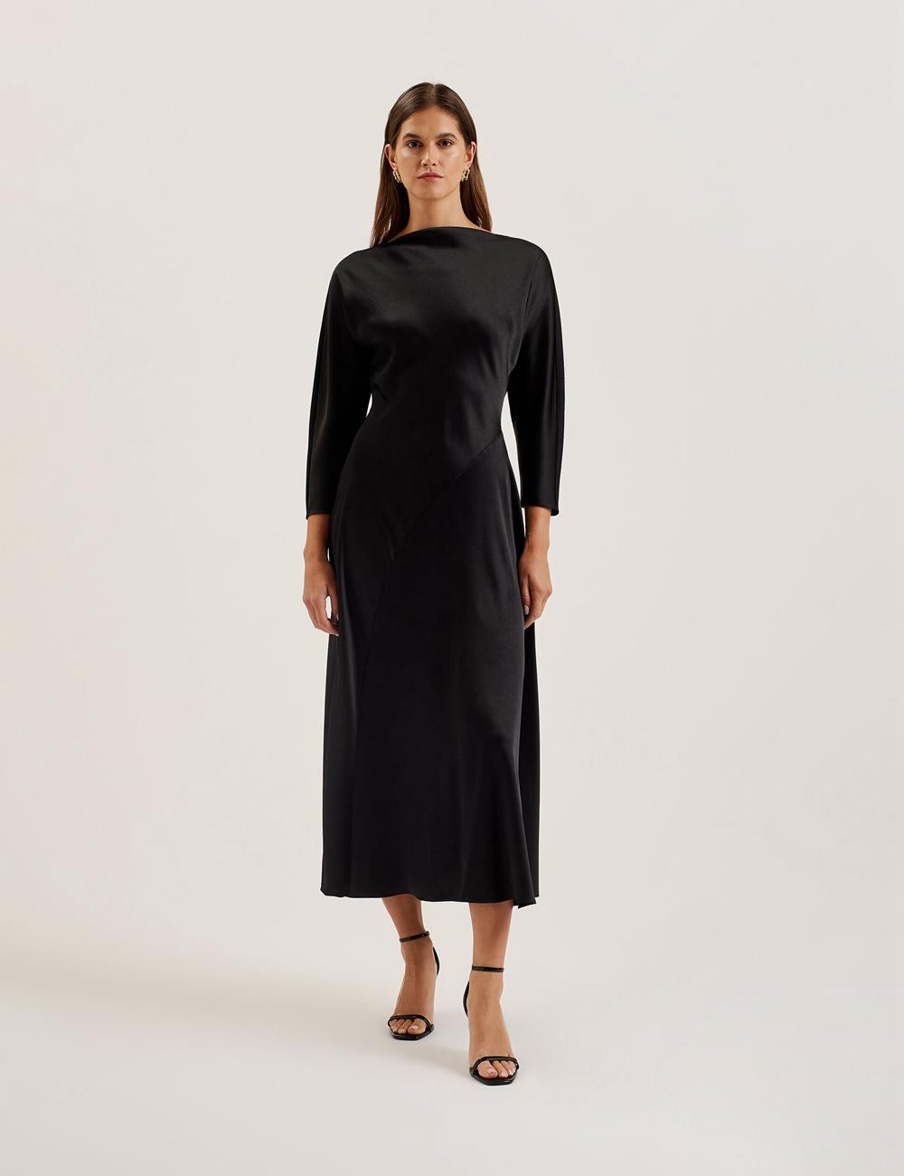 Women Ted Baker AVELLI - Satin Boat Neck A-Line Midi Dresses Black | RPBW83104