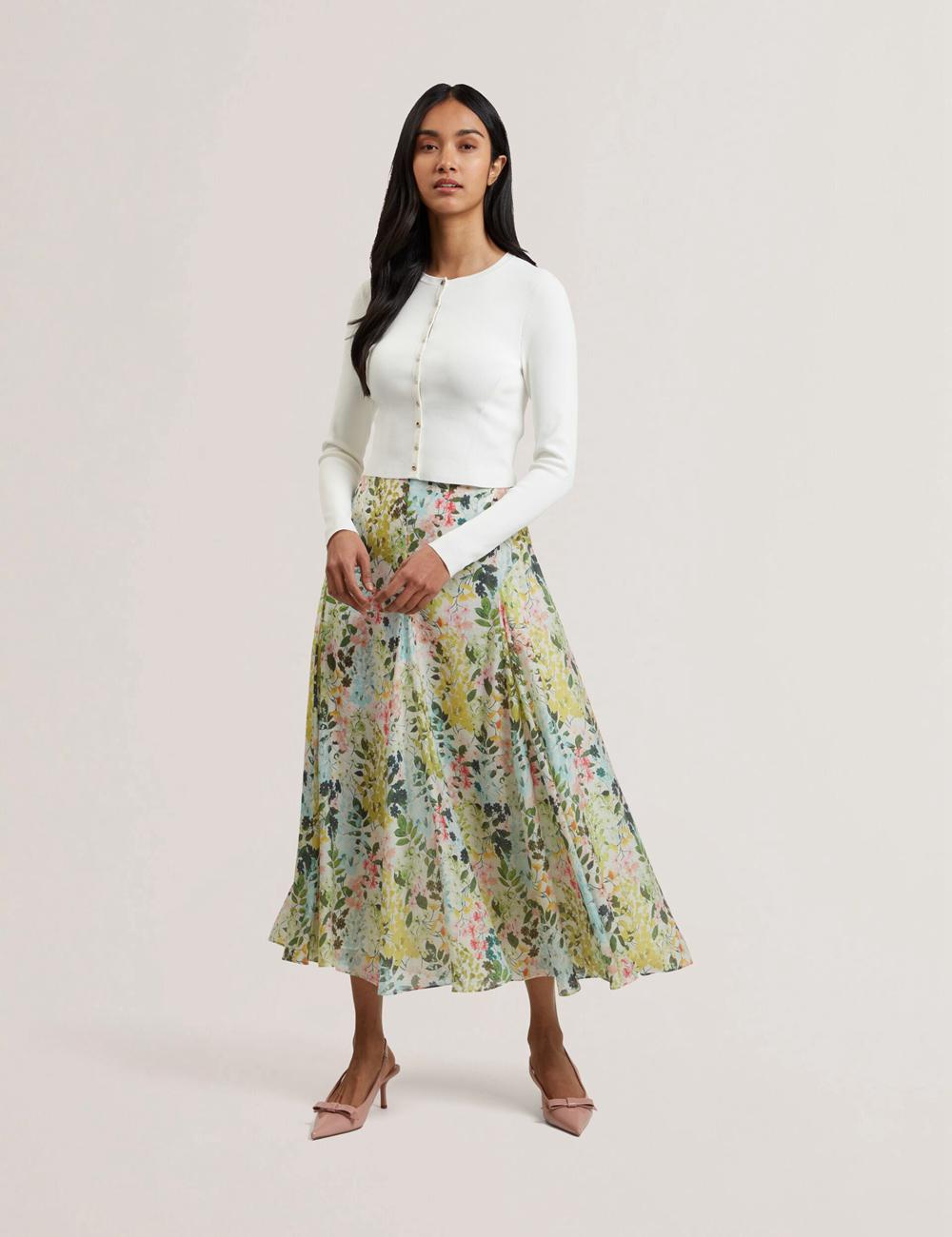 Women Ted Baker AZULLA - Floral A-Line Woven Midi Skirts Ivory | LGKW81265