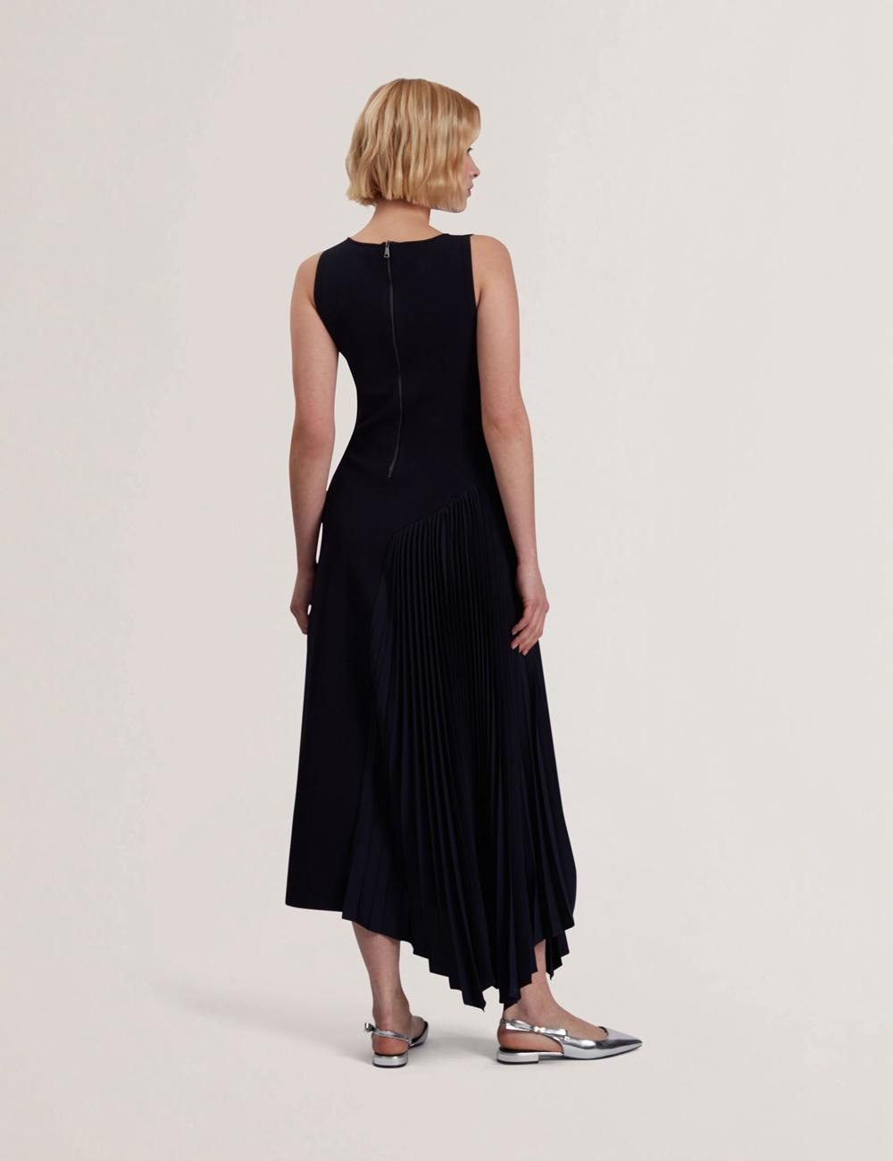 Women Ted Baker AZZINA - Pleated Panel Sleeveless Knitted Midi Dresses Navy | ONZA15273