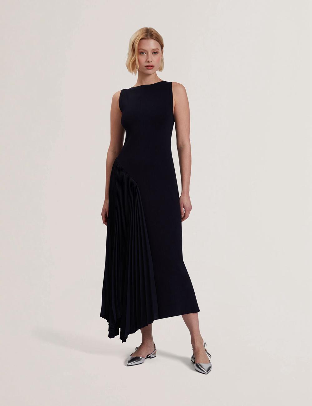 Women Ted Baker AZZINA - Pleated Panel Sleeveless Knitted Midi Dresses Navy | ONZA15273