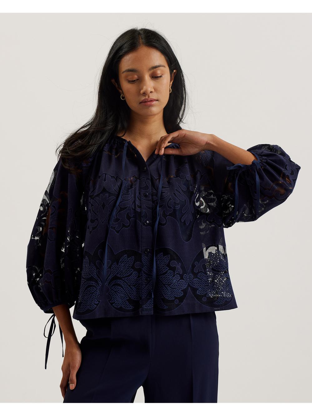 Women Ted Baker BACINA - Lace 3/4 Balloon Sleeve Blouses Dk-Blue | WNDA65271