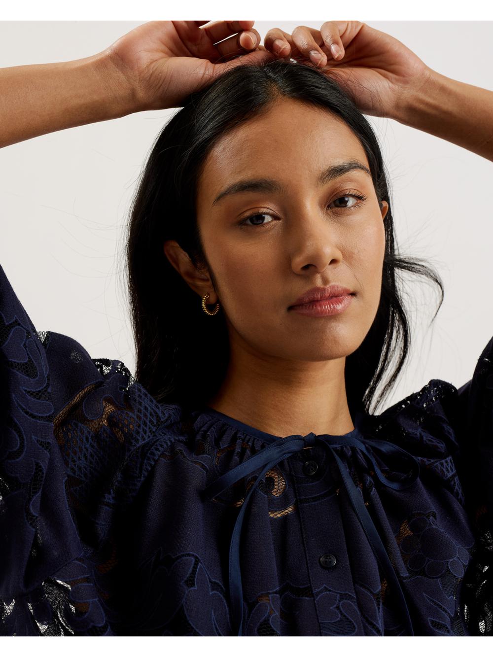 Women Ted Baker BACINA - Lace 3/4 Balloon Sleeve Blouses Dk-Blue | WNDA65271