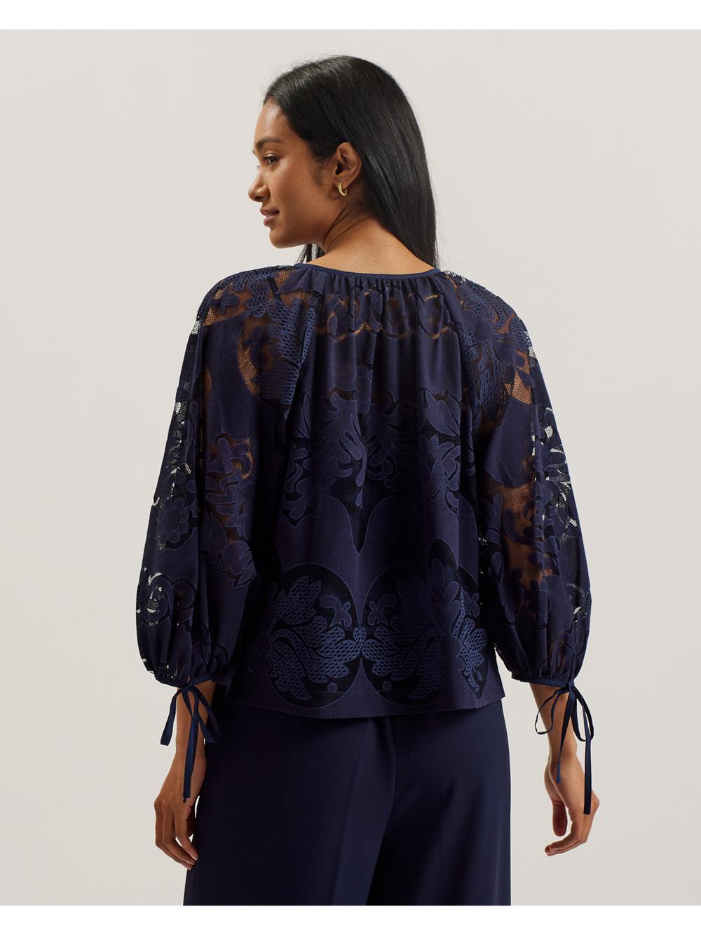 Women Ted Baker BACINA - Lace 3/4 Balloon Sleeve Blouses Dk-Blue | WNDA65271